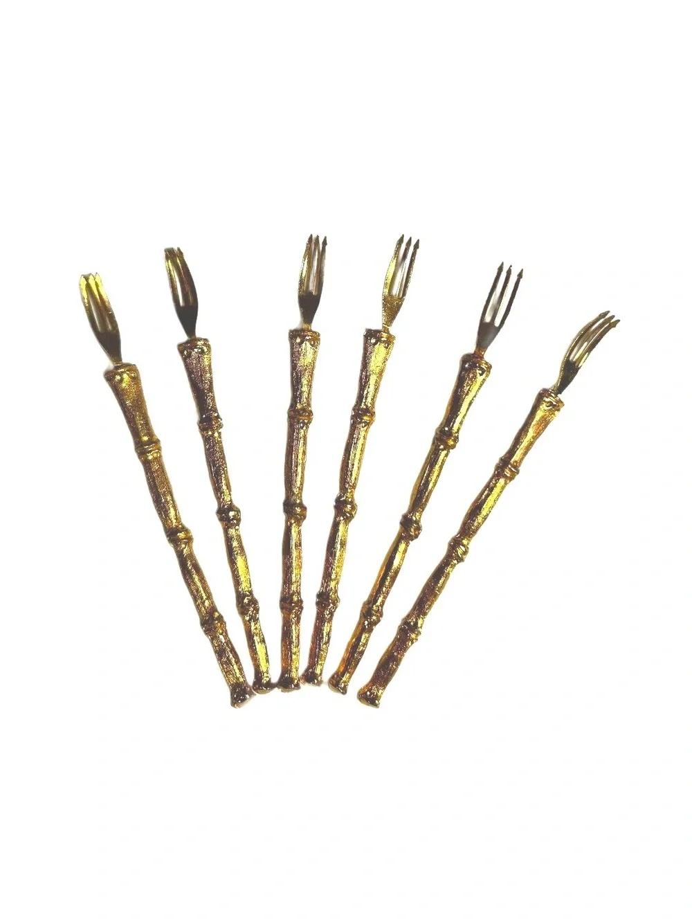 Vintage Gold Tone Bamboo Handle Cocktail Set. 6 Forks, Knives, Spoons